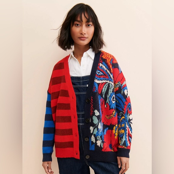 FARM Rio Sweaters - Farm Rio Forest Striped Cardigan Patchwork Floral Knit Sweater Womens S